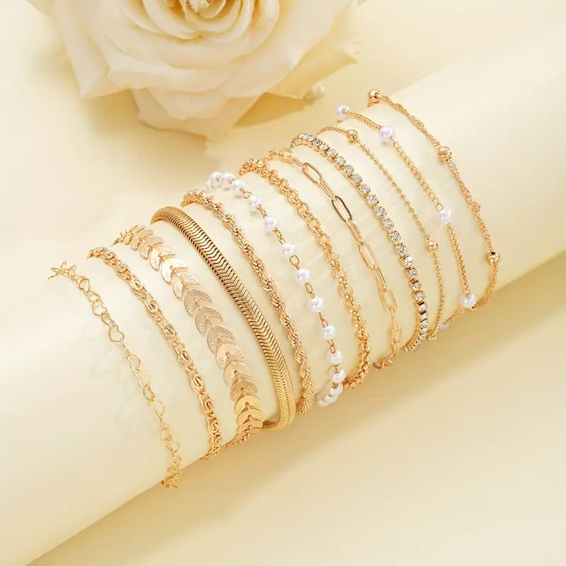 12-delt Armbåndssæt i Gylden Look – Elegant & Tidløst